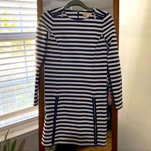 Michael Michael Kors Blue and White Striped Long Sleeve Mini Dress